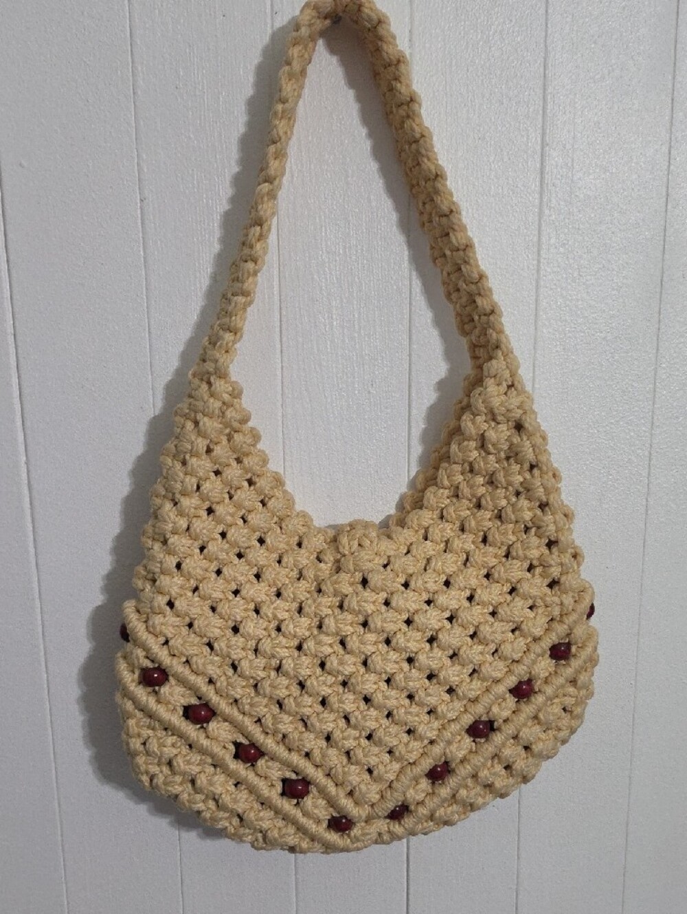Hand Woven Macrame Beige Beaded Shouldder Bag - Picture 3 of 5